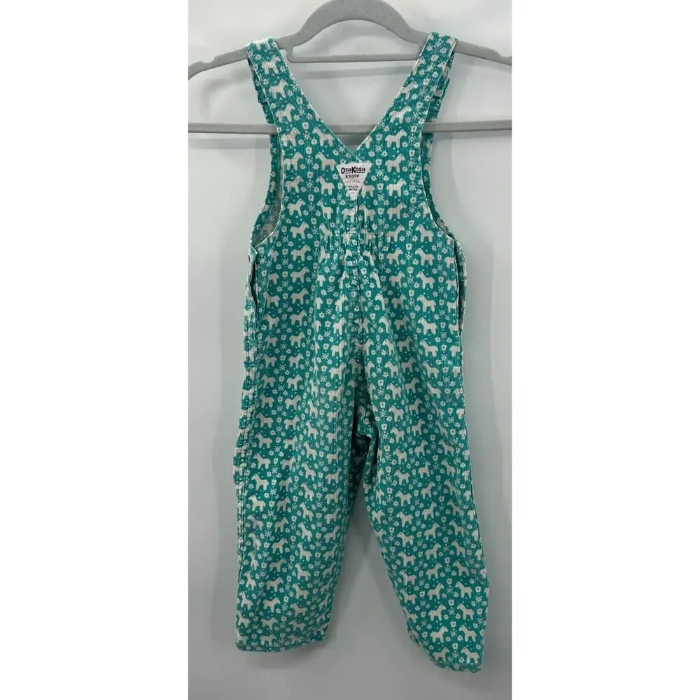 Vintage OshKosh B'Gosh Vestbak Overalls Turquoise Corduroy Horse print Kids 4T